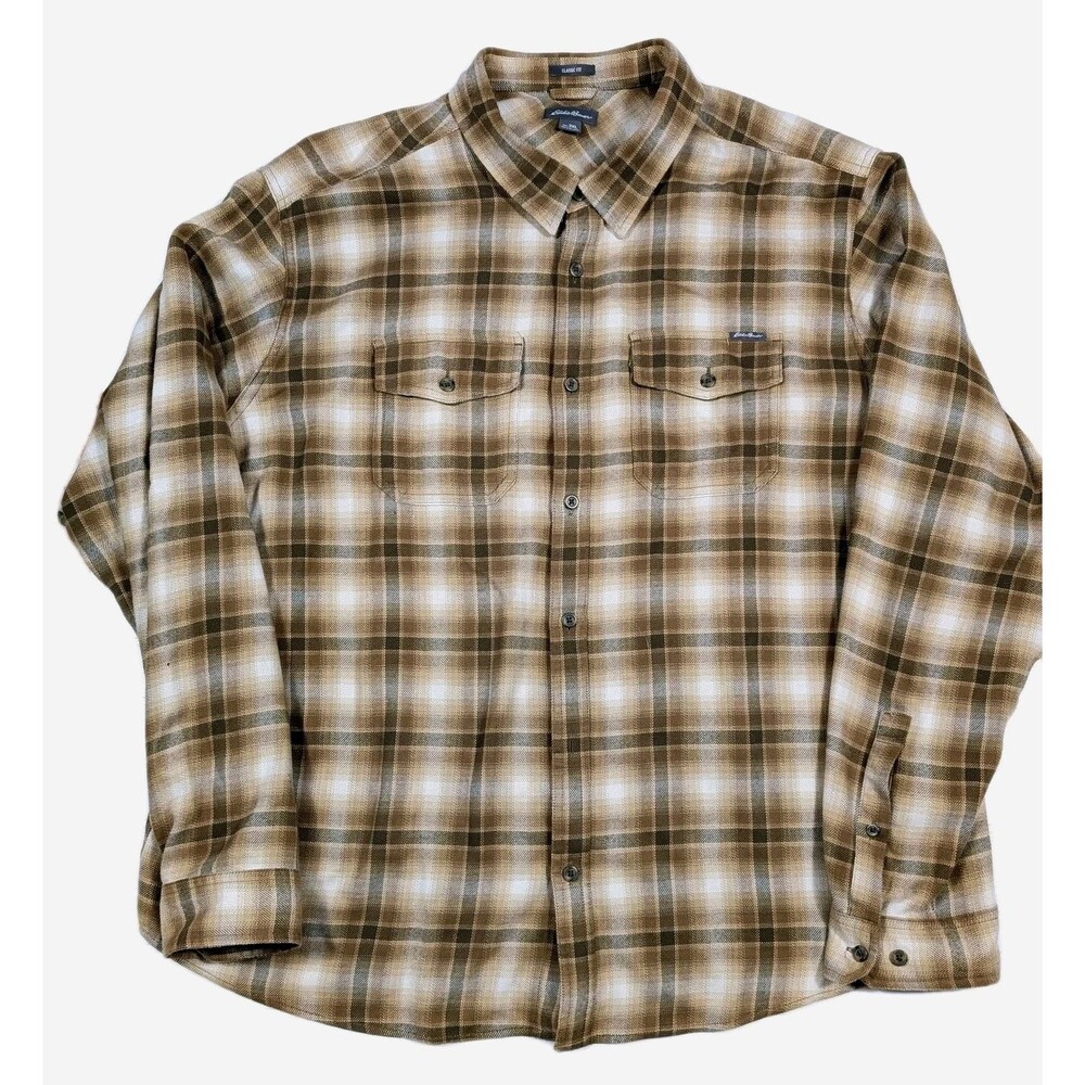 Eddie Bauer Button Up Shirt Men's 3XL Brown Plaid Flannel Classic Fit L/S